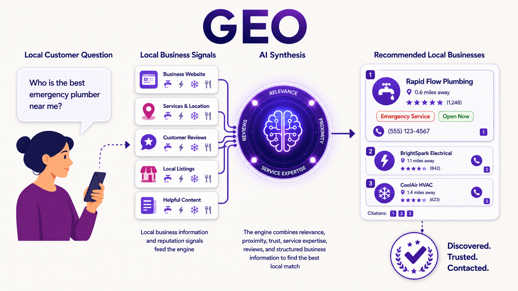 GEO diagram: an AI engine turns local business signals into a trusted recommendation. Discovered. Trusted. Contacted.