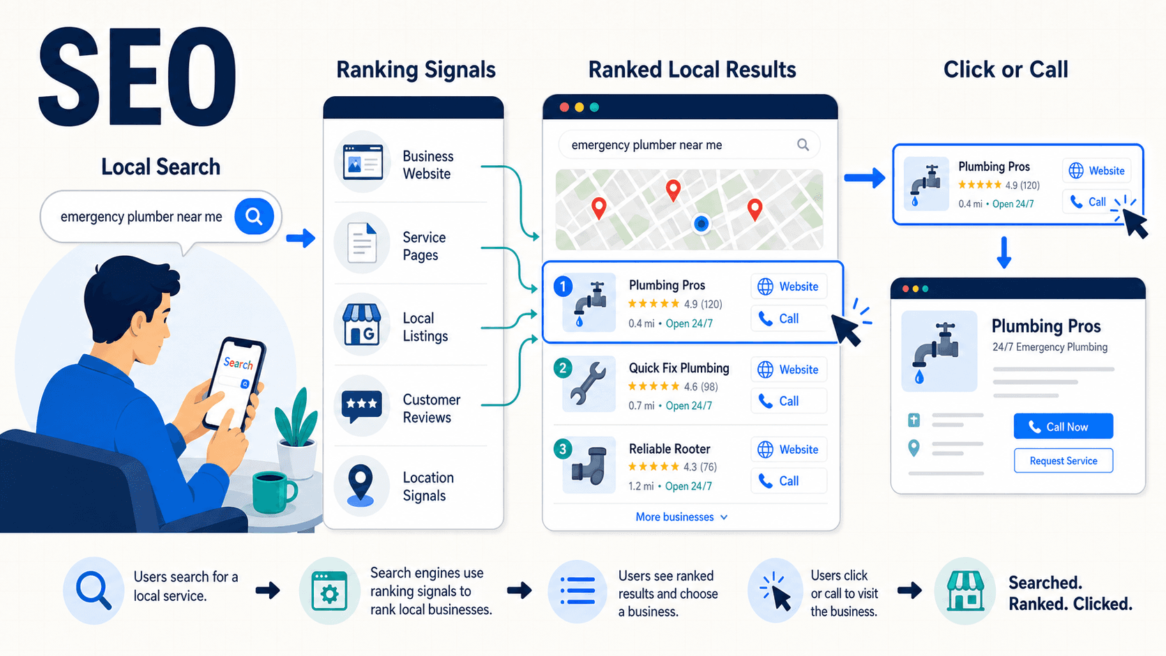 SEO local search diagram: a nearby query is ranked from listings and reviews, then clicked. Searched. Ranked. Clicked.